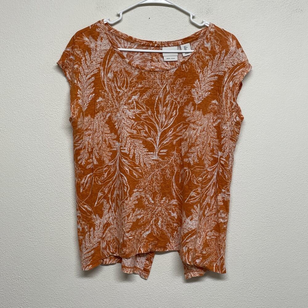 Rachel Zoe 100% Linen Orange Botanical Print Button Back Top Women’s Large